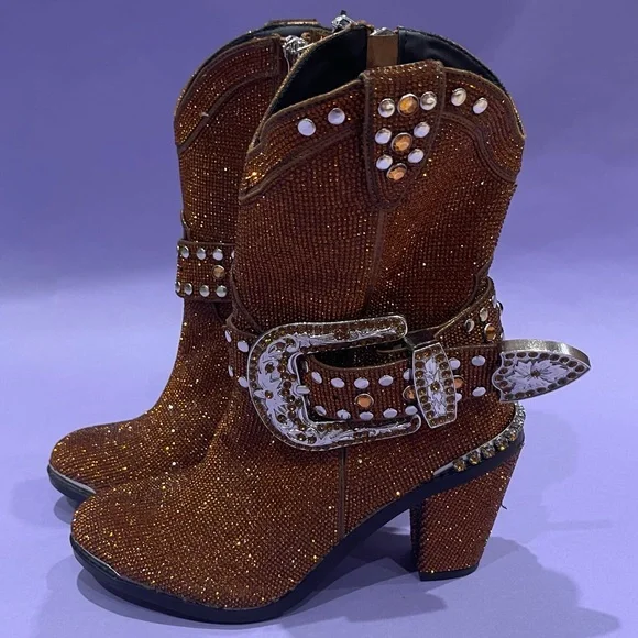 Dark orange/light brown rhinestone cowboy boots. - Picture 6 of 8